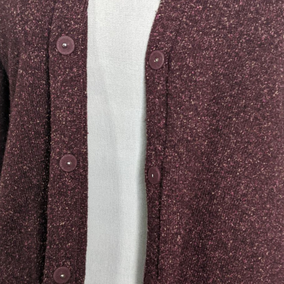 J Jill Wool Silk Blend Cardigan Sweater Burgundy Marled Knit Ruffle Spring  M - Picture 4 of 9